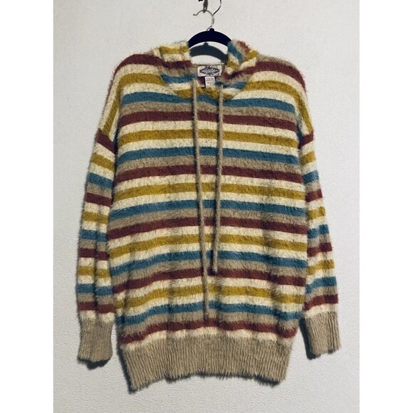 Anthropologie Oliver Sweater Womens Medium Rainbow Striped Fuzzy Hoodie Boho - Picture 1 of 6